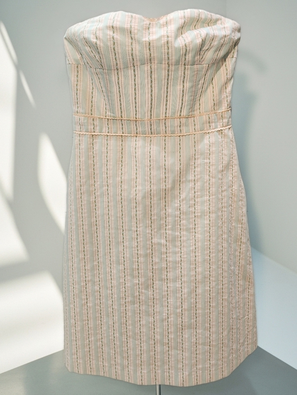 Strapless Cream & Light Green Striped Summer Dress